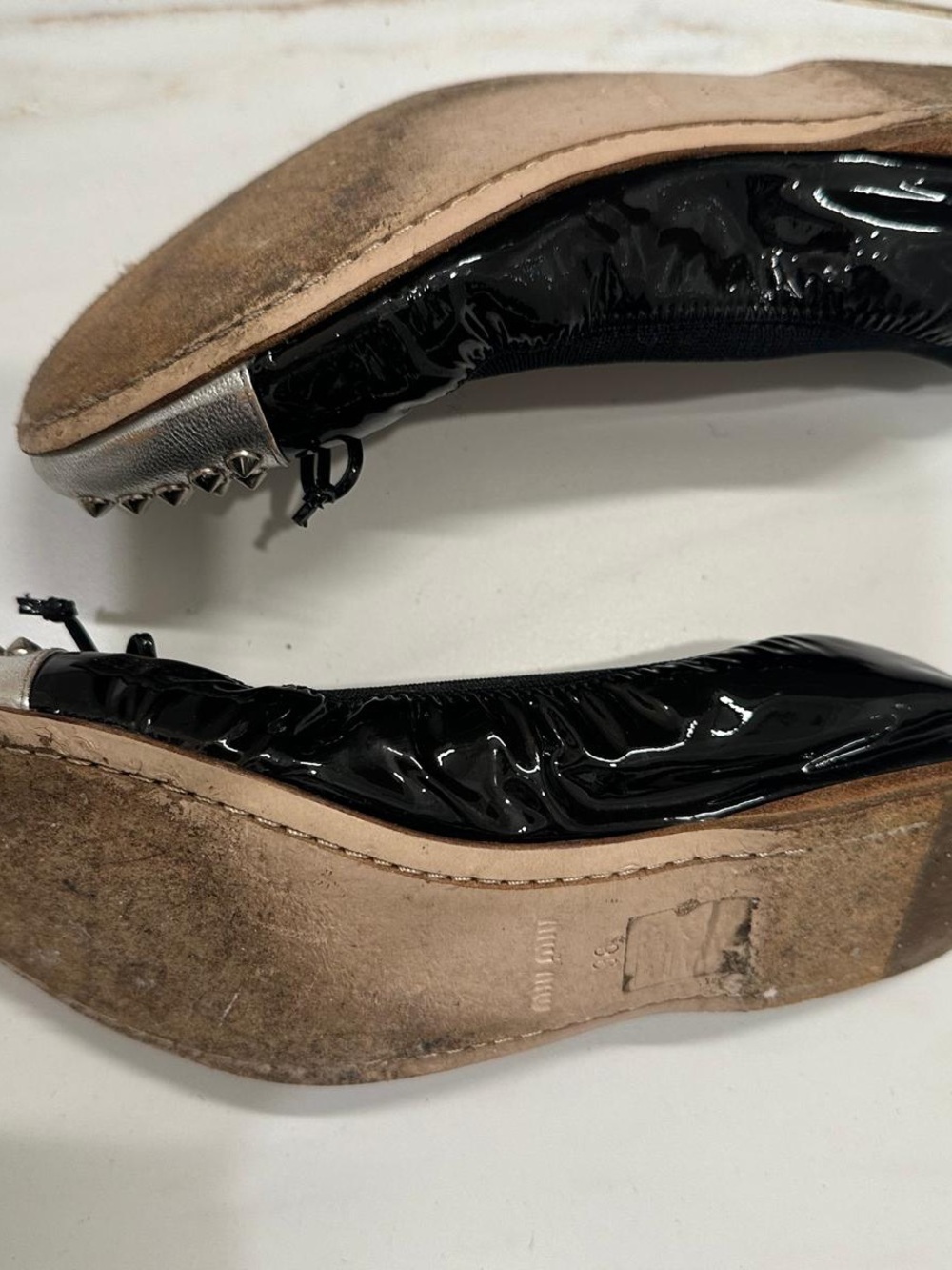 Miu Miu Black Patent Leather Ballet Flats with Silver Studded Cap-Toe - Picture 2 of 3